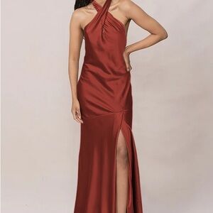 Revelry Athena Satin Dress in Terracota Rust